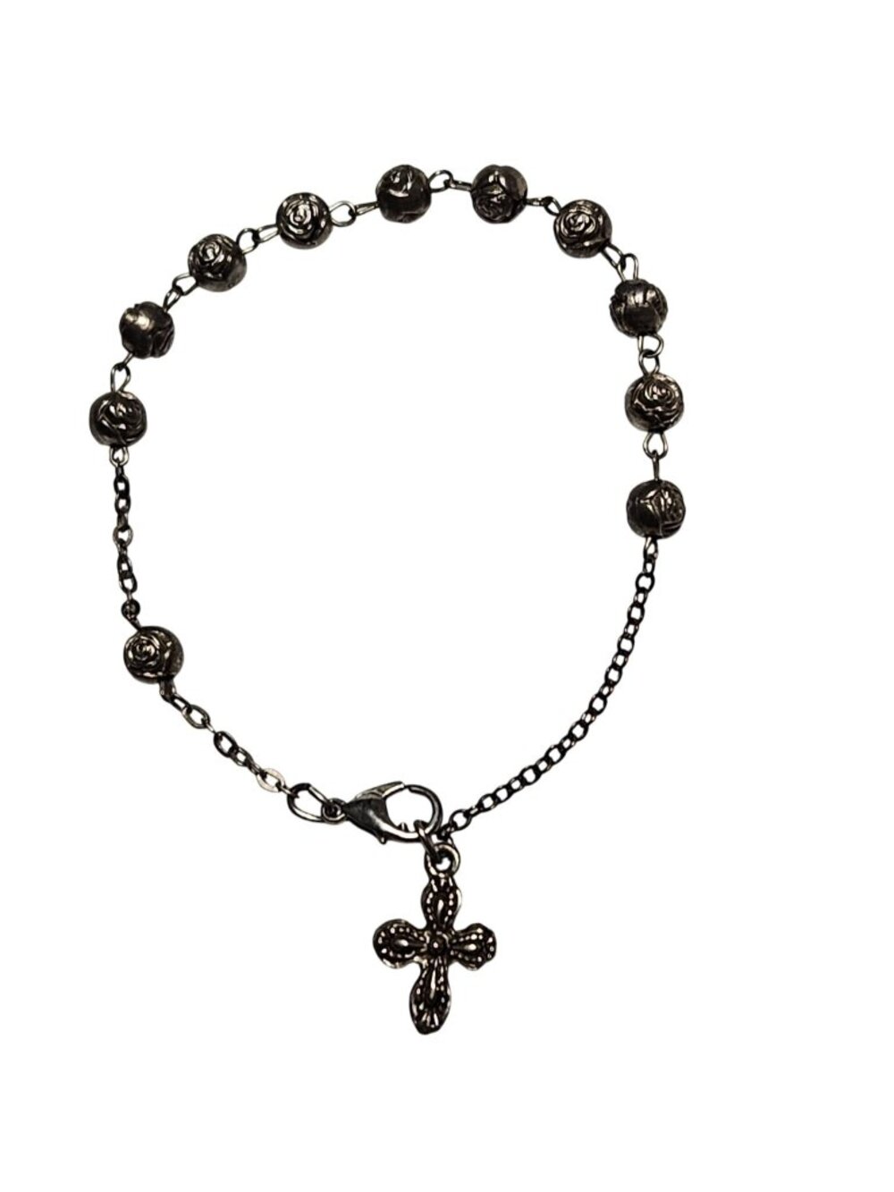 Vintage Rosary Bracelet Rose Beads Cross Charm Silver Tone Religious Jewelry